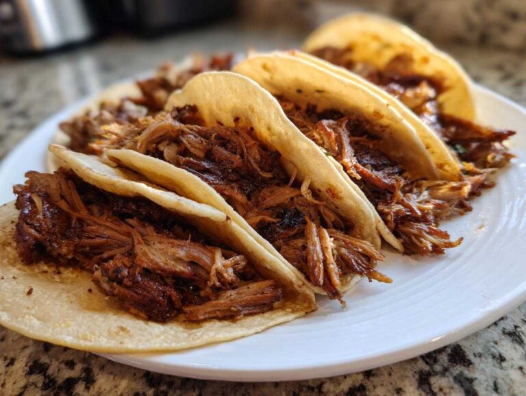 Close-up of four soft corn tortillas filled generously with shredded Slow-Cooked Pork Carnitas Tacos.
