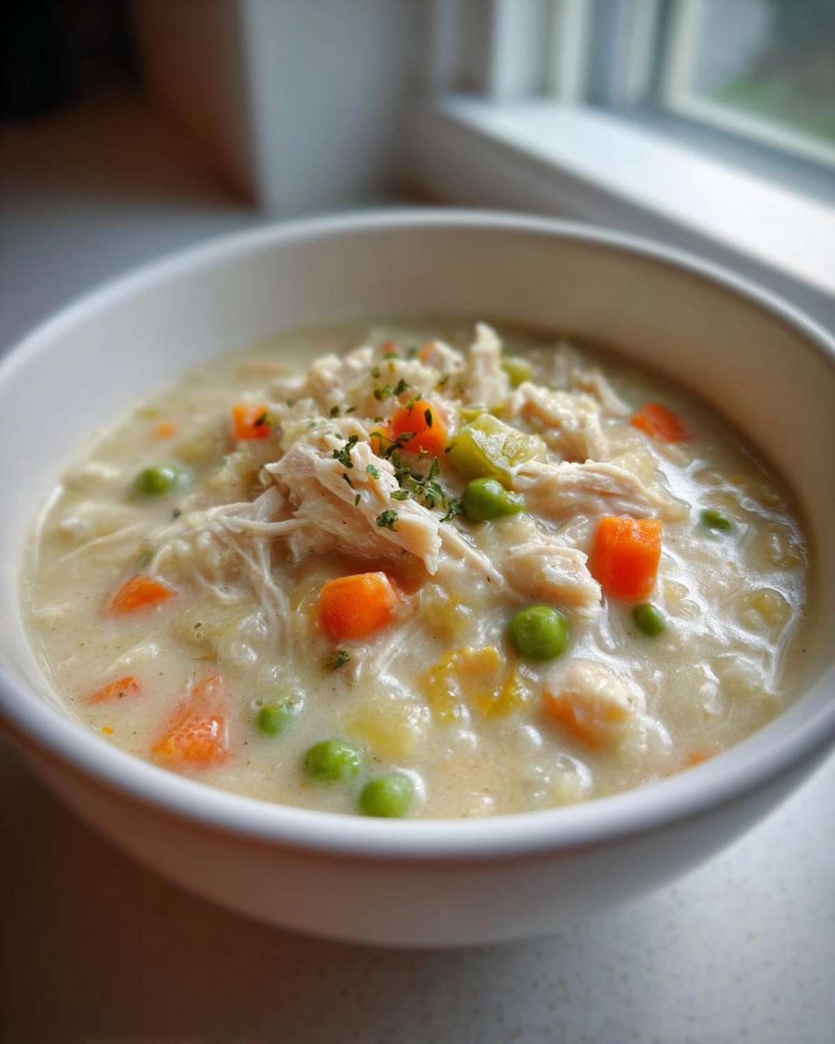 Close-up of a hearty bowl of Slow Cooker Chicken Pot Pie Soup, topped with shredded chicken, peas, and carrots.