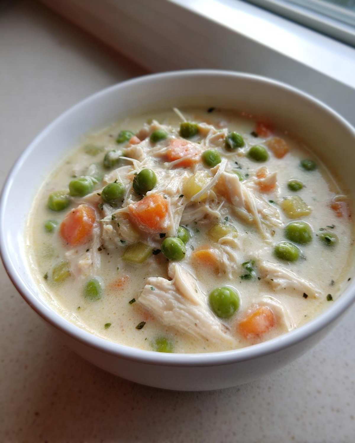 A close-up of creamy Slow Cooker Chicken Pot Pie Soup filled with shredded chicken, bright green peas, and orange carrots.
