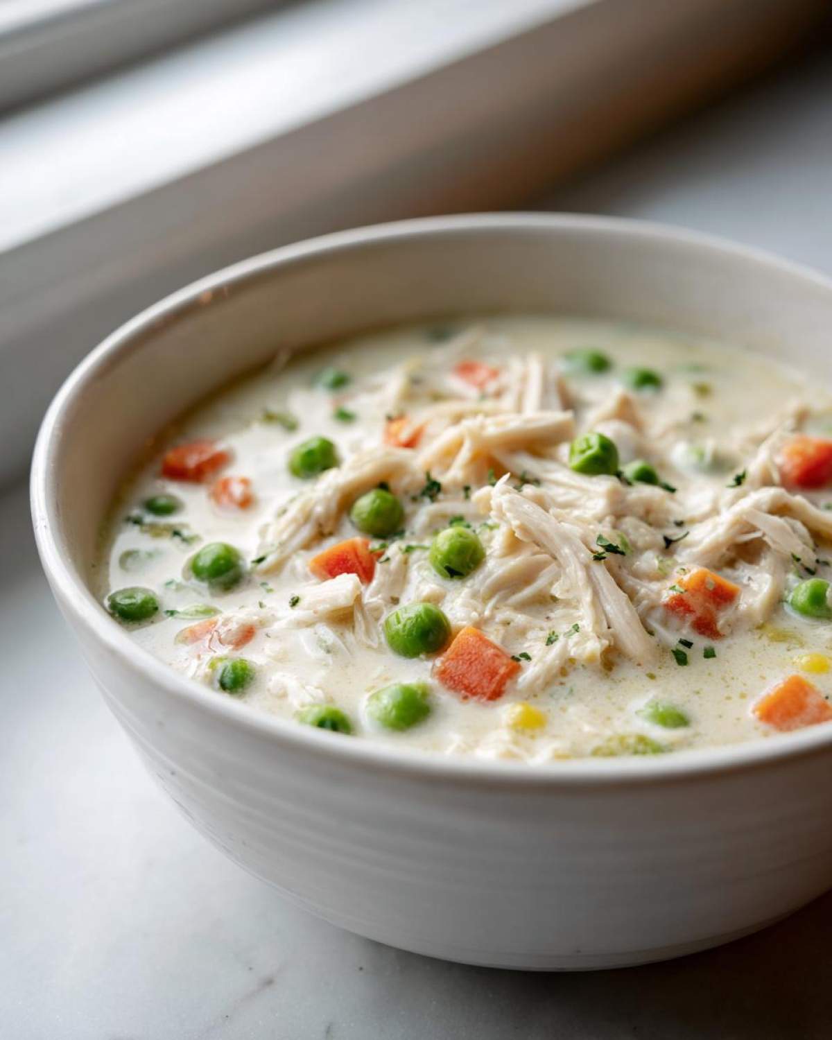 Close-up of a white bowl filled with creamy Slow Cooker Chicken Pot Pie Soup, featuring shredded chicken, peas, and carrots.