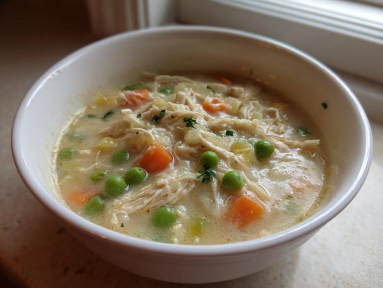 Amazing 410-Calorie Slow Cooker Chicken Pot Pie Soup A close-up of a white bowl filled with creamy Slow Cooker Chicken Pot Pie Soup, featuring shredded chicken, carrots, and bright green peas.