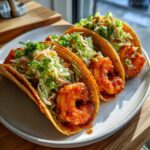 Three delicious Spicy Shrimp Tacos with cilantro lime slaw piled high on a white plate.