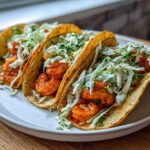 Three freshly prepared Spicy Shrimp Tacos with Cilantro Lime Slaw served on a white plate.