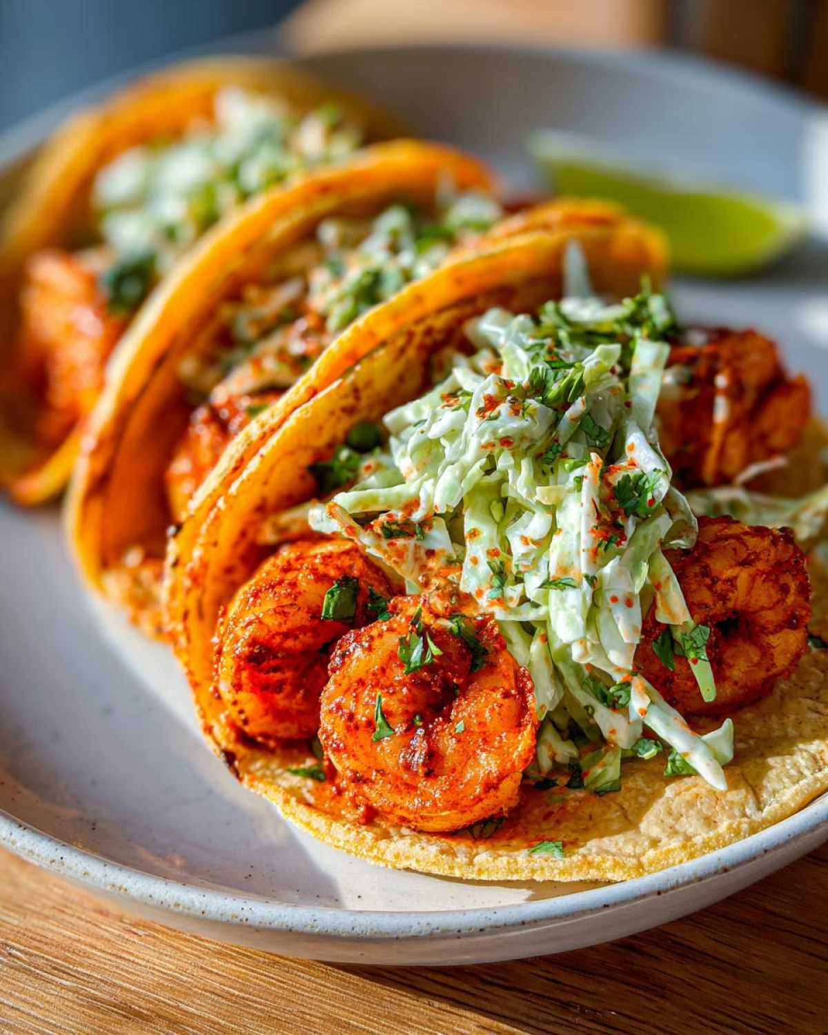 Three delicious Spicy Shrimp Tacos with Cilantro Lime Slaw piled high on soft corn tortillas.