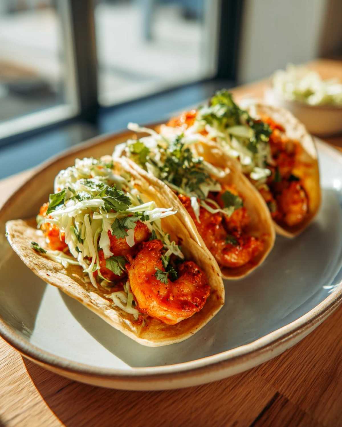 Three Spicy Shrimp Tacos with cilantro lime slaw piled high with seasoned shrimp on a light blue plate.