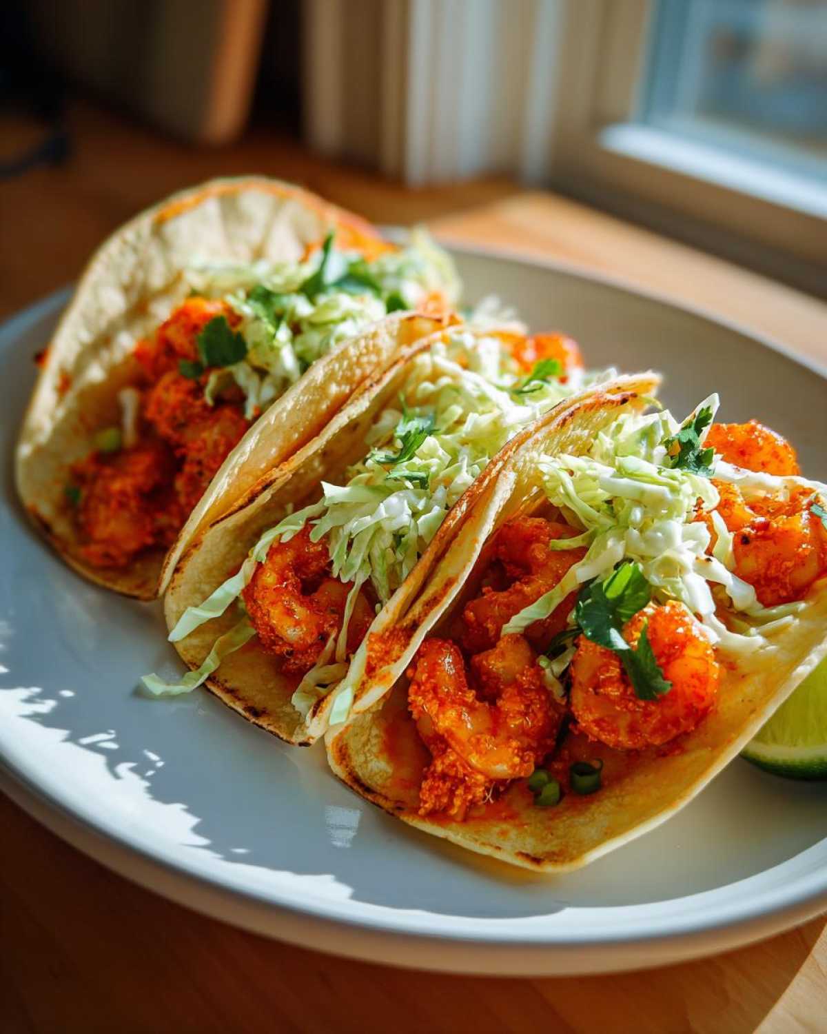 Three Spicy Shrimp Tacos with cilantro lime slaw piled high on a white plate, ready to eat.