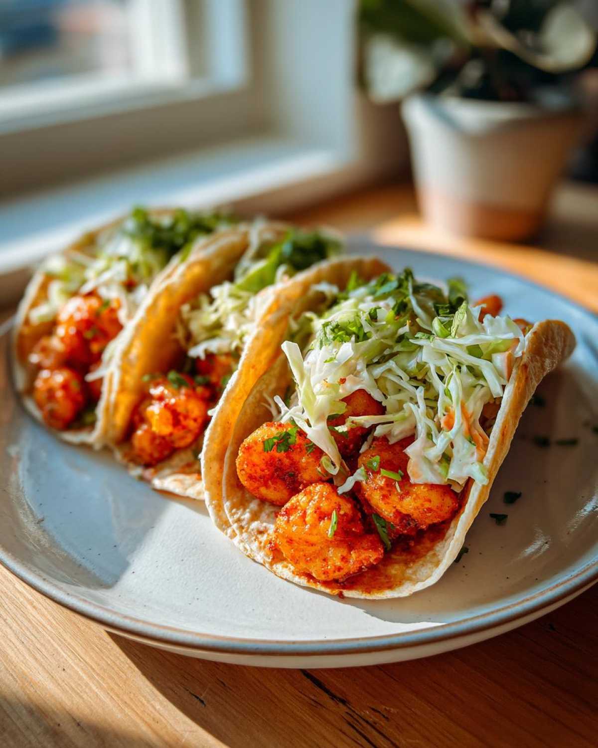 Three Spicy Shrimp Tacos filled with seasoned shrimp and topped with fresh cilantro lime slaw on a light plate.