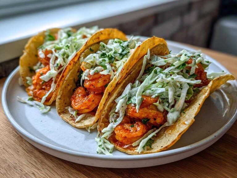 Three freshly prepared Spicy Shrimp Tacos with Cilantro Lime Slaw served on a white plate.