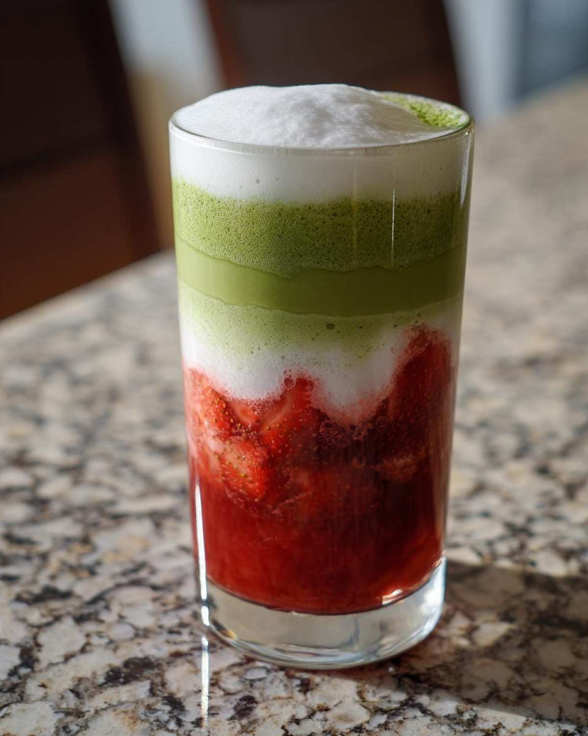 Visually stunning layered Strawberry Cloud Matcha with Cold Foam in a tall glass on a granite counter.