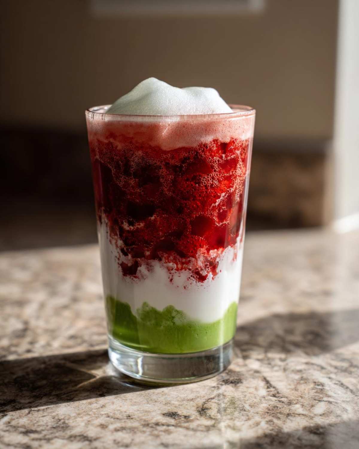 Close-up of a layered Strawberry Cloud Matcha with Cold Foam drink showing green matcha, white milk, red strawberry puree, and white foam.