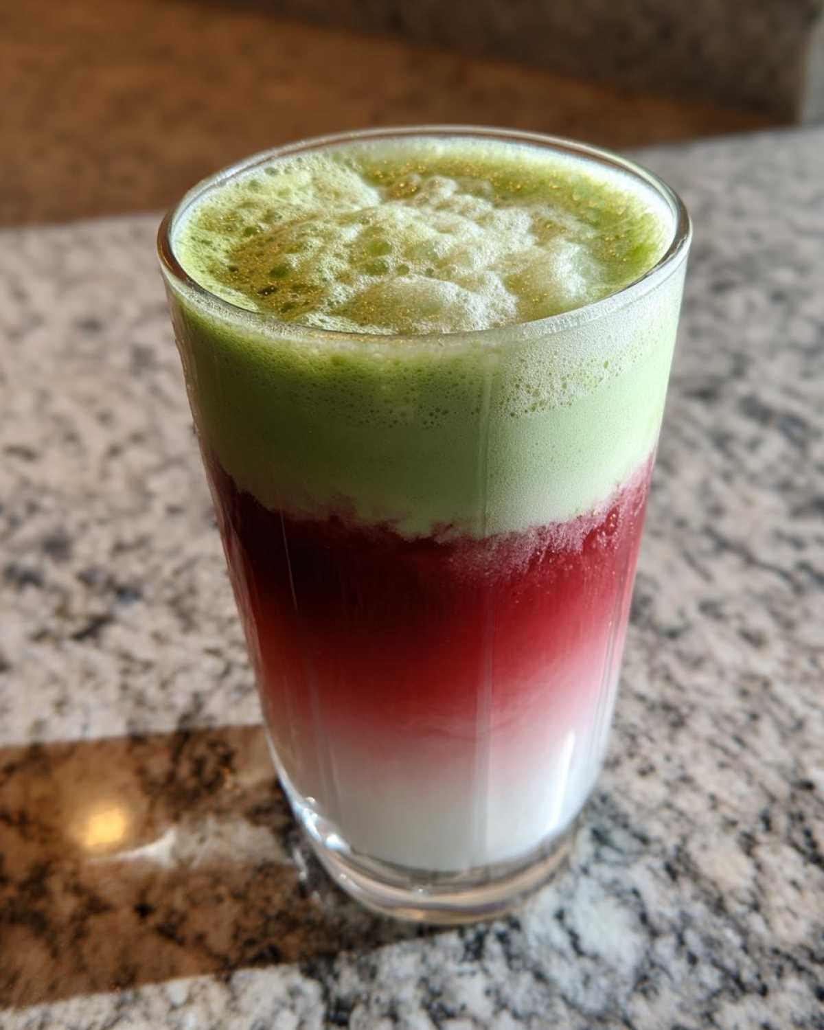 Close-up of a layered Strawberry Cloud Matcha with Cold Foam drink showing white, red, and green layers in a glass.