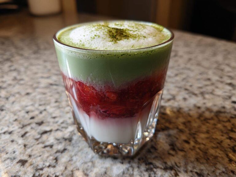A layered Strawberry Cloud Matcha with Cold Foam drink showing white milk, red strawberries, green matcha, and white foam topping.