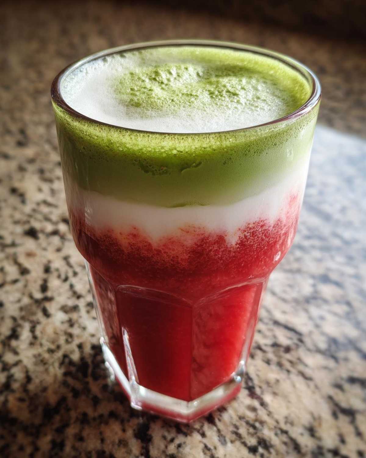 A layered drink featuring red strawberry puree, white milk, and green matcha with cold foam, showcasing the Strawberry Cloud Matcha with Cold Foam.