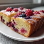 Two sturdy Cake Picnic Slices with Fresh Berries, topped with white glaze, raspberries, and blueberries, served on a white plate.