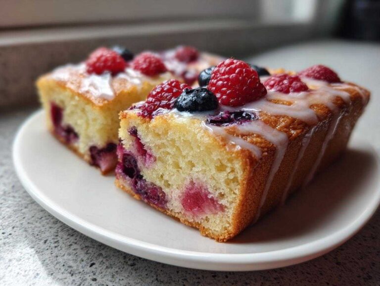 Two sturdy Cake Picnic Slices with Fresh Berries, topped with white glaze, raspberries, and blueberries, served on a white plate.