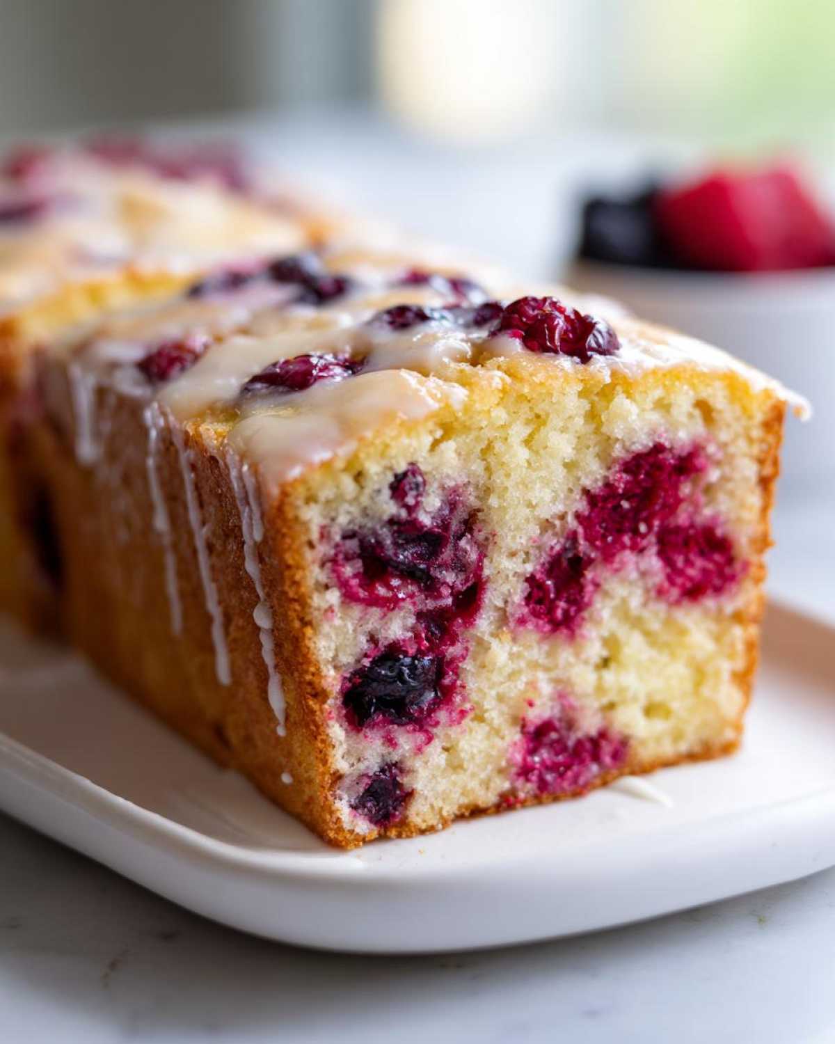 A close-up of a loaf of sturdy Cake Picnic Slices with Fresh Berries, featuring a vanilla glaze drip and bright red berries throughout the crumb.
