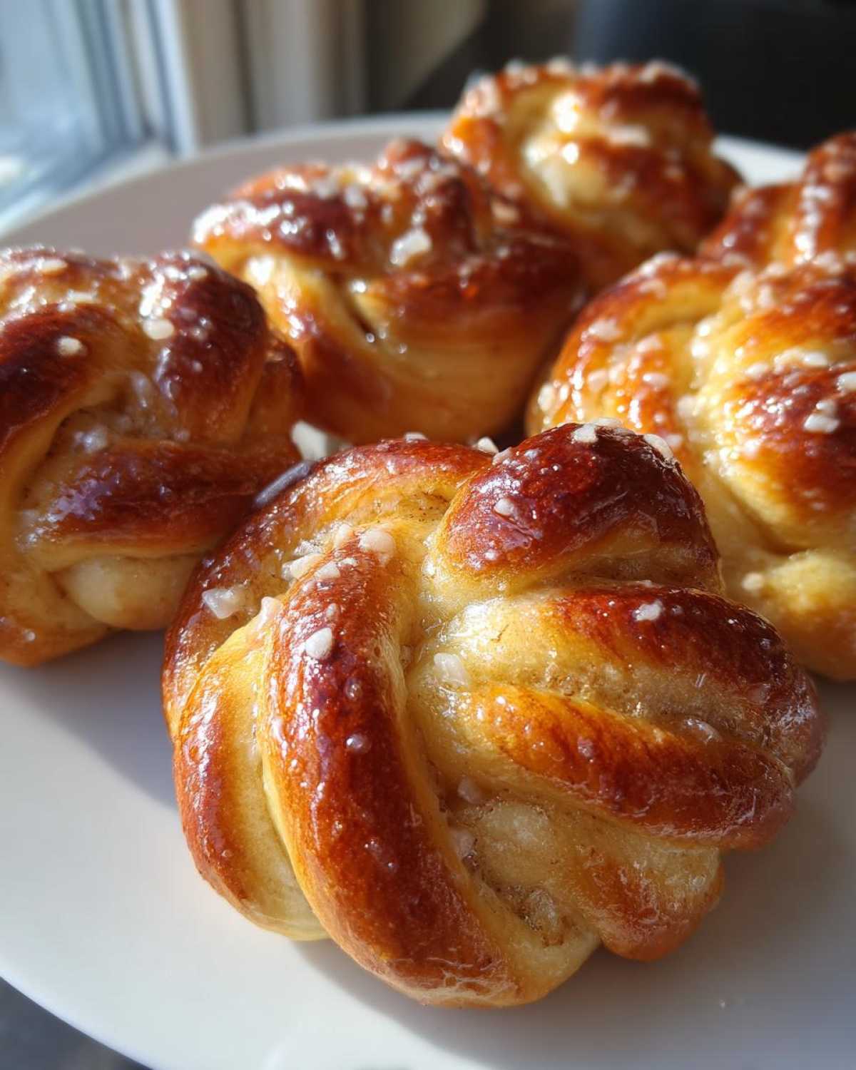 Close-up of freshly baked Swedish Cardamom Buns (Kardemummabullar) glazed and topped with pearl sugar.