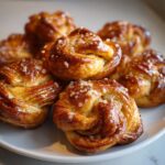 Close-up of freshly baked Swedish Cardamom Buns (Kardemummabullar) piled on a white plate, glistening with glaze and topped with pearl sugar.