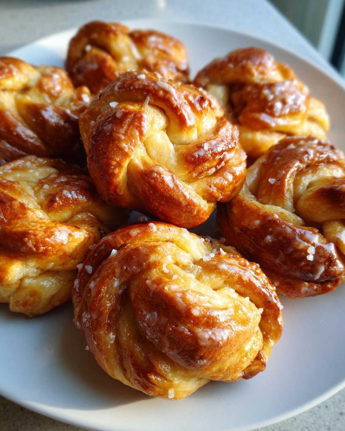 Close-up of several freshly baked Swedish Cardamom Buns (Kardemummabullar) on a white plate, topped with a light glaze and coarse sugar.