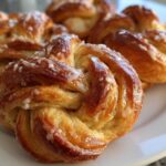 Close-up of freshly baked, golden brown Swedish Cardamom Buns (Kardemummabullar) drizzled with a light sugar glaze and pearl sugar.