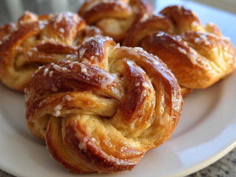 Close-up of freshly baked, golden brown Swedish Cardamom Buns (Kardemummabullar) drizzled with a light sugar glaze and pearl sugar.