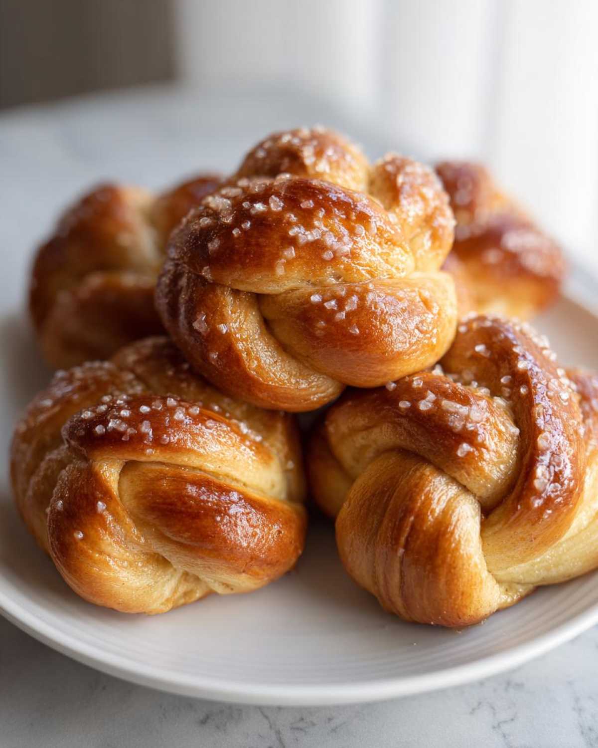 Close-up of several freshly baked Swedish Cardamom Buns (Kardemummabullar) topped with coarse pearl sugar.