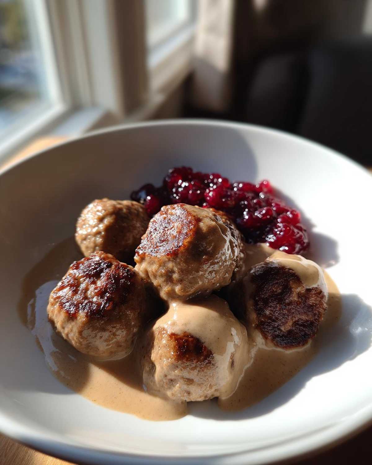 Five browned Swedish meatballs covered in creamy gravy, served with a side of bright red lingonberry jam.