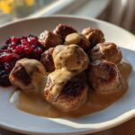 A plate of browned Swedish meatballs covered in creamy gravy, served alongside a dollop of bright red lingonberry jam.