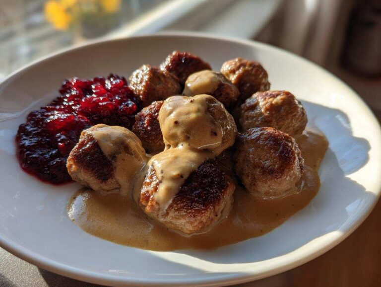 A plate of browned Swedish meatballs covered in creamy gravy, served alongside a dollop of bright red lingonberry jam.