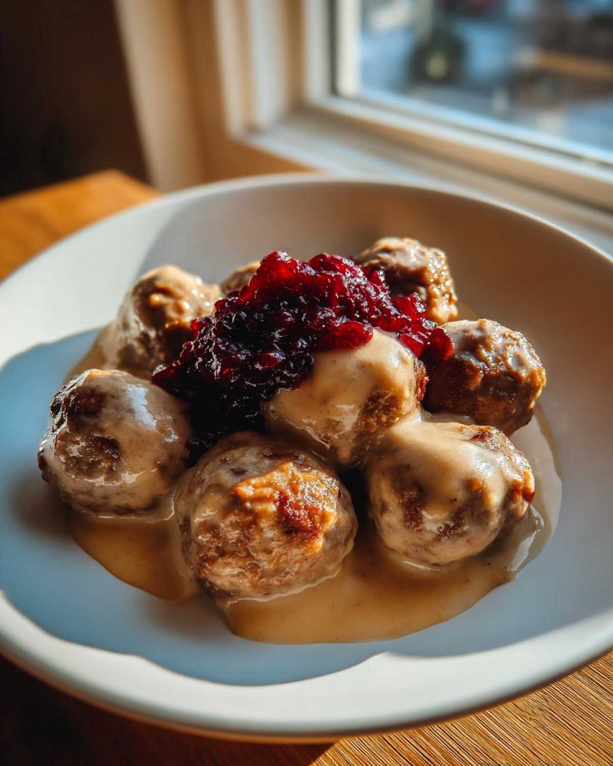 Close-up of delicious Swedish meatballs with lingonberry jam topping and rich cream sauce.