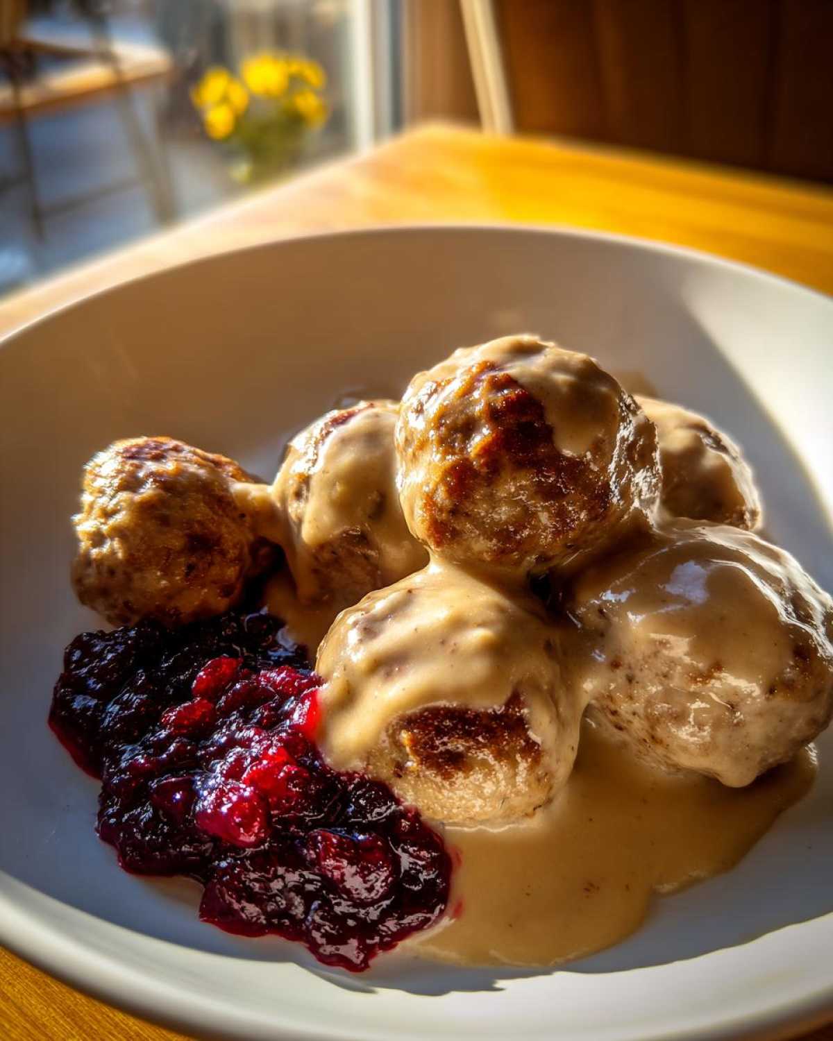 Close-up of Swedish meatballs covered in cream sauce next to a dollop of bright red lingonberry jam.