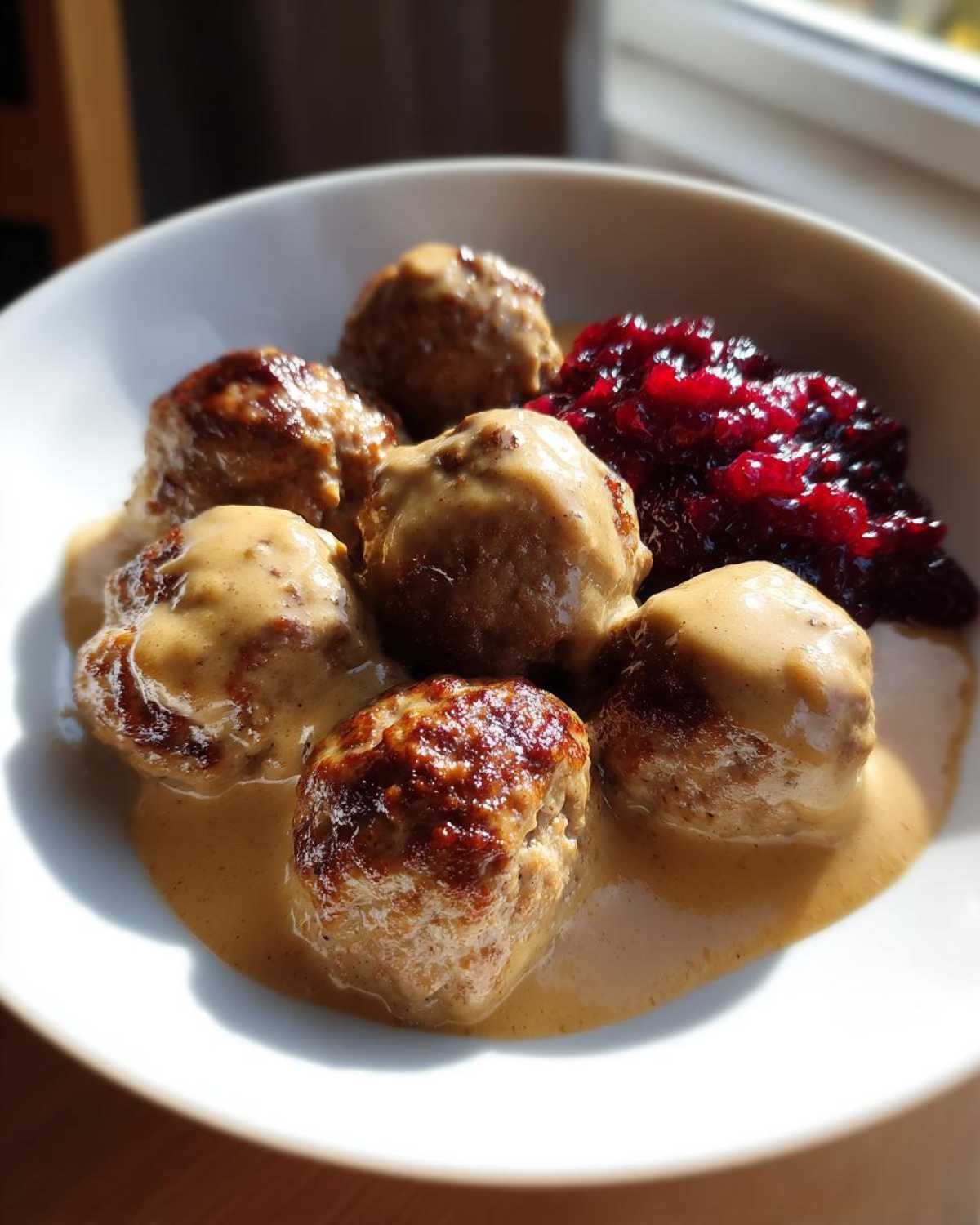Close-up of five browned Swedish meatballs covered in creamy sauce, served with a side of bright red lingonberry jam.
