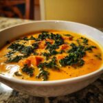 Close-up of creamy orange Sweet Potato Chowder with Kale, featuring chunks of sweet potato and dark green kale.
