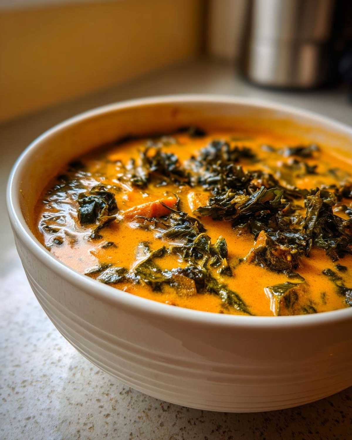 Close-up of a bowl filled with vibrant orange Sweet Potato Chowder with Kale, featuring dark green wilted kale leaves.