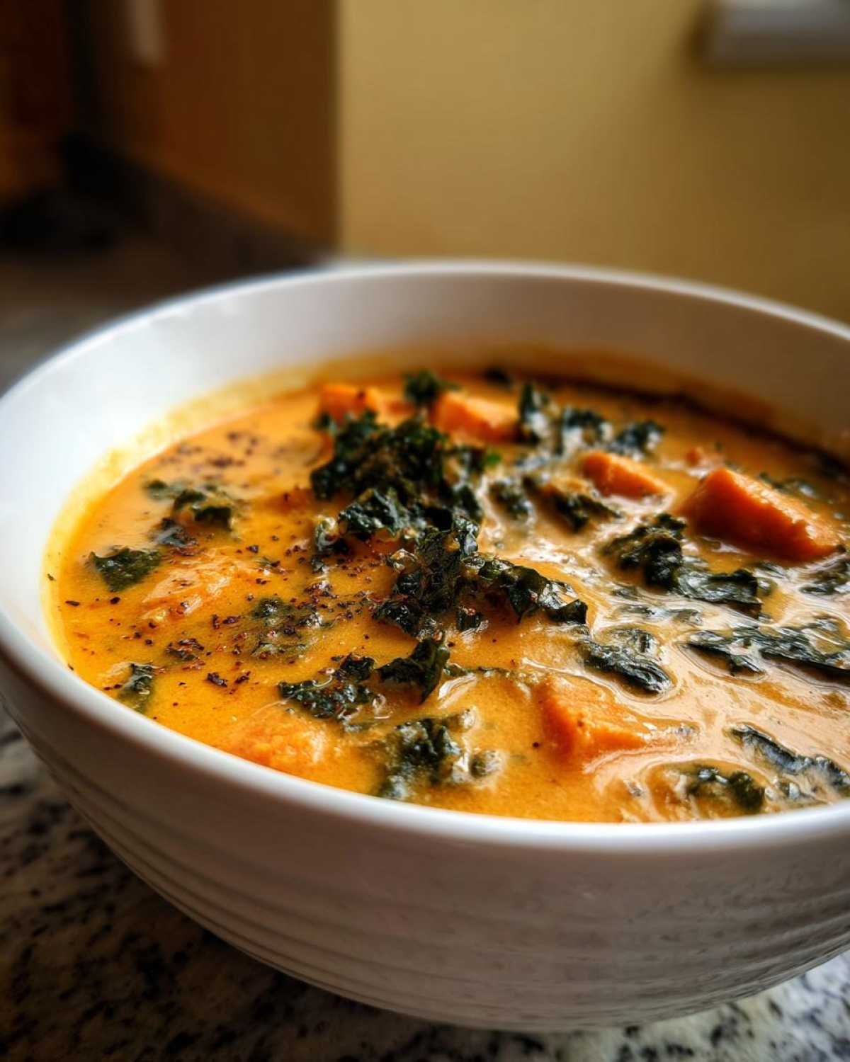 Close-up of a bowl of vibrant orange Sweet Potato Chowder with Kale, topped with pepper.