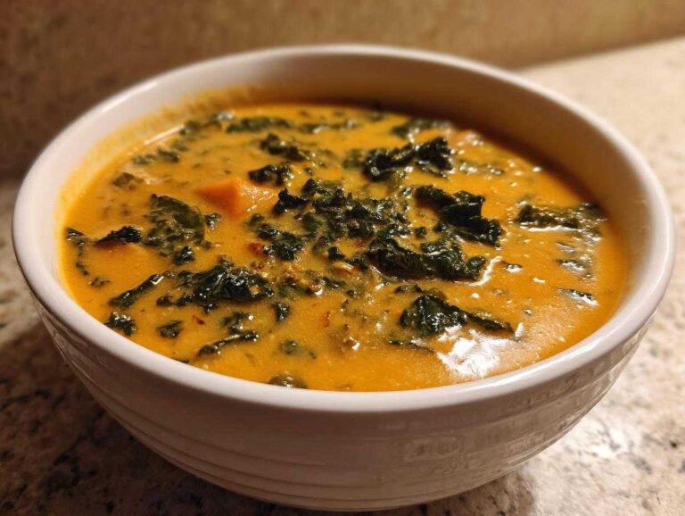 Close-up of a white bowl filled with creamy orange Sweet Potato Chowder with Kale.