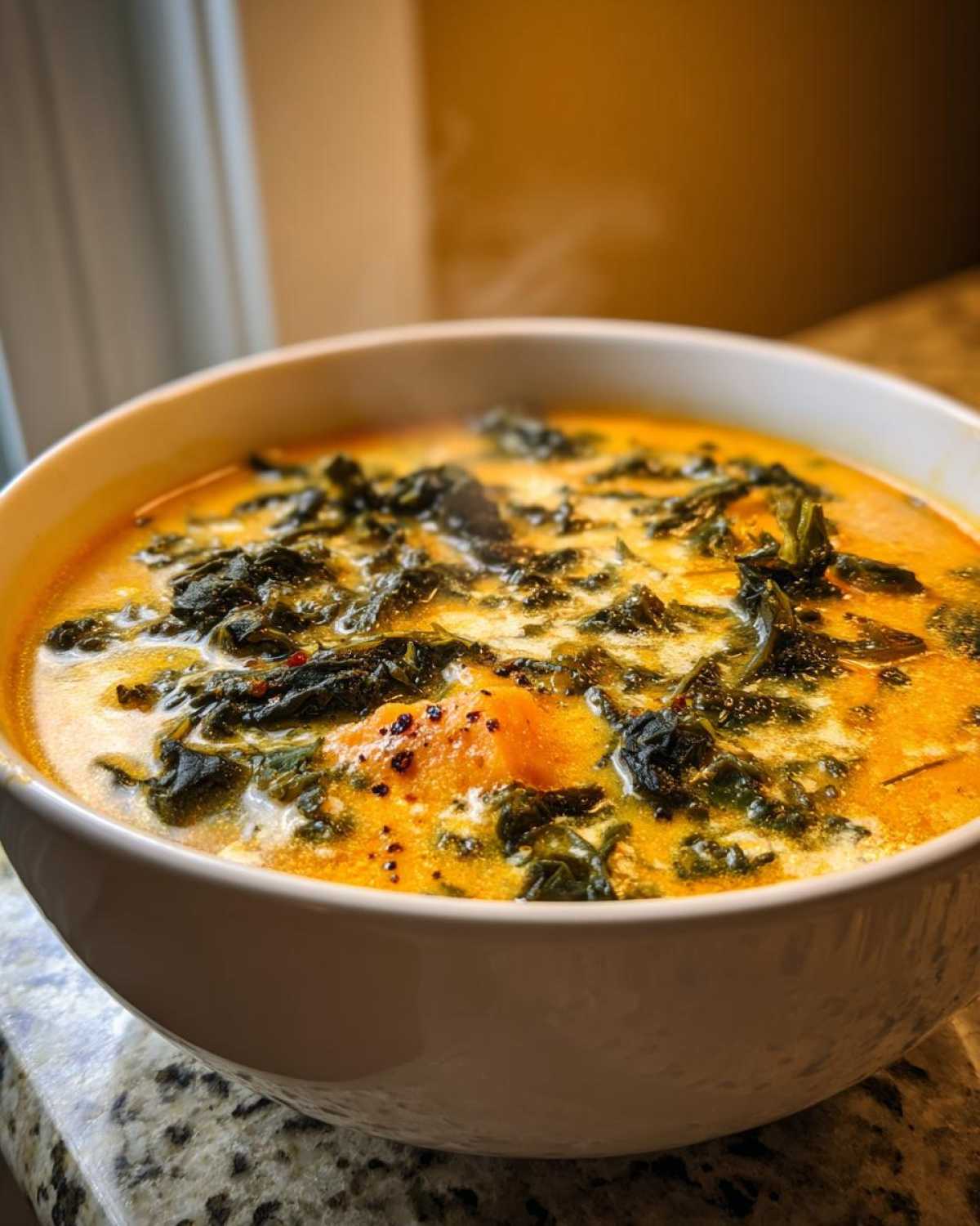 Close-up of a steaming white bowl filled with vibrant orange Sweet Potato Chowder with Kale, topped with dark green kale.