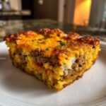 A close-up of a hearty slice of Tater Tot Breakfast Casserole featuring sausage, eggs, and melted cheddar cheese.