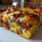 A close-up of a thick slice of Tater Tot Breakfast Casserole showing layers of sausage, cheese, and crispy edges.