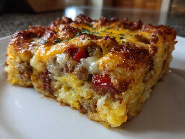 A close-up of a thick slice of Tater Tot Breakfast Casserole showing layers of sausage, cheese, and crispy edges.