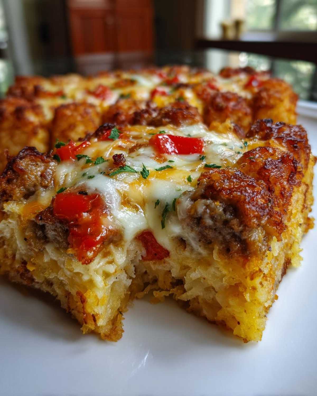 A close-up view of a serving of Tater Tot Breakfast Casserole, showing melted cheese, sausage, and red peppers on a crispy tater tot base.
