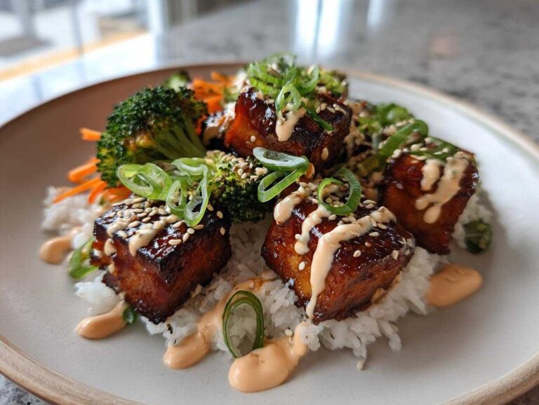 Amazing 35-Min Teriyaki Tofu Bowls with Kimchi Mayo Close-up of Teriyaki Tofu Bowls featuring glazed tofu cubes over rice, topped with Kimchi Mayo, sesame seeds, and green onions.