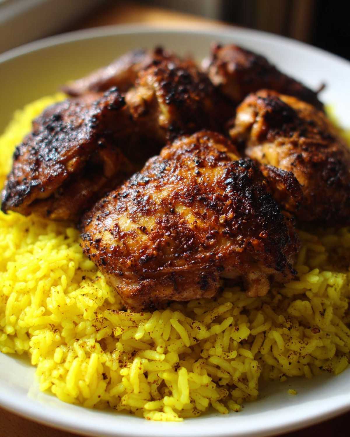 Close-up of seasoned, charred chicken pieces resting on a bed of bright yellow lemon rice, part of the Trader Joe’s Chicken Shawarma meal.