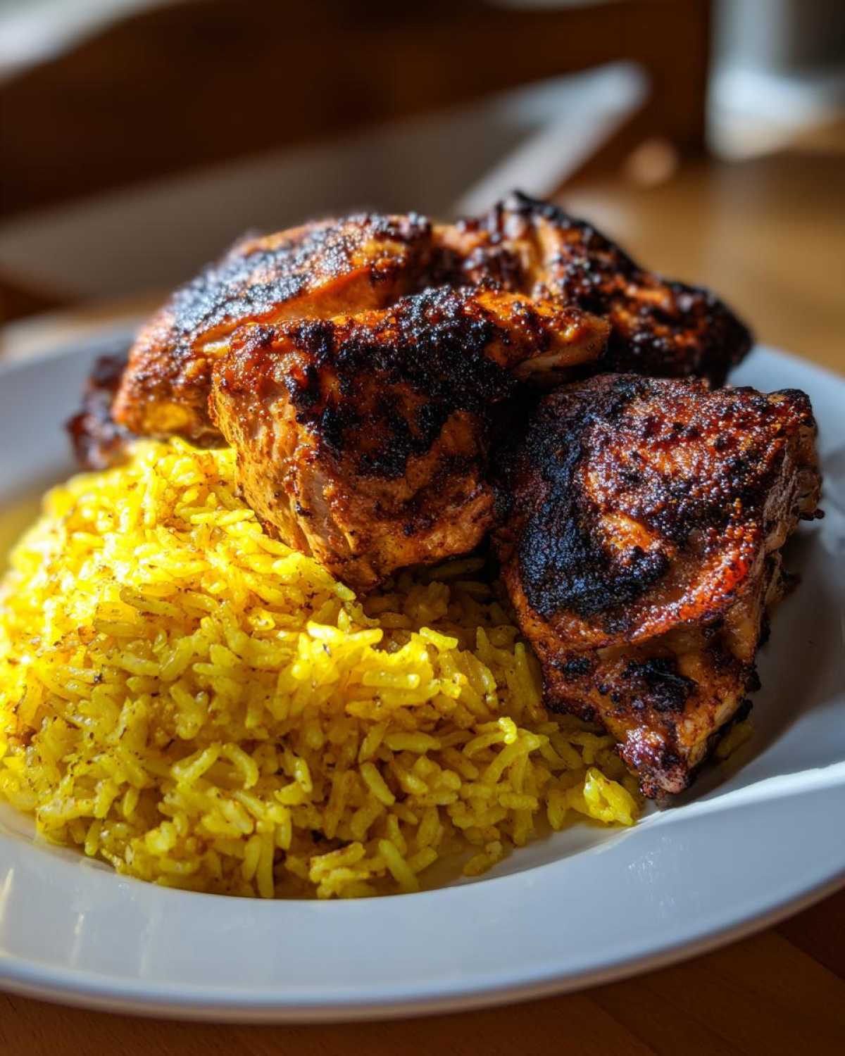 Close-up of charred Trader Joe’s Chicken Shawarma served over bright yellow lemon rice on a white plate.