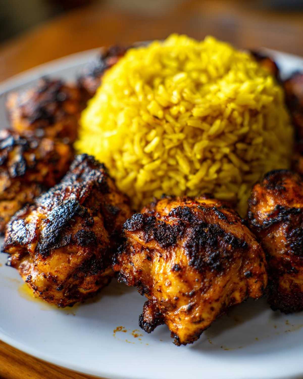 Close-up of charred Trader Joe’s Chicken Shawarma pieces surrounding a mound of bright yellow lemon rice.