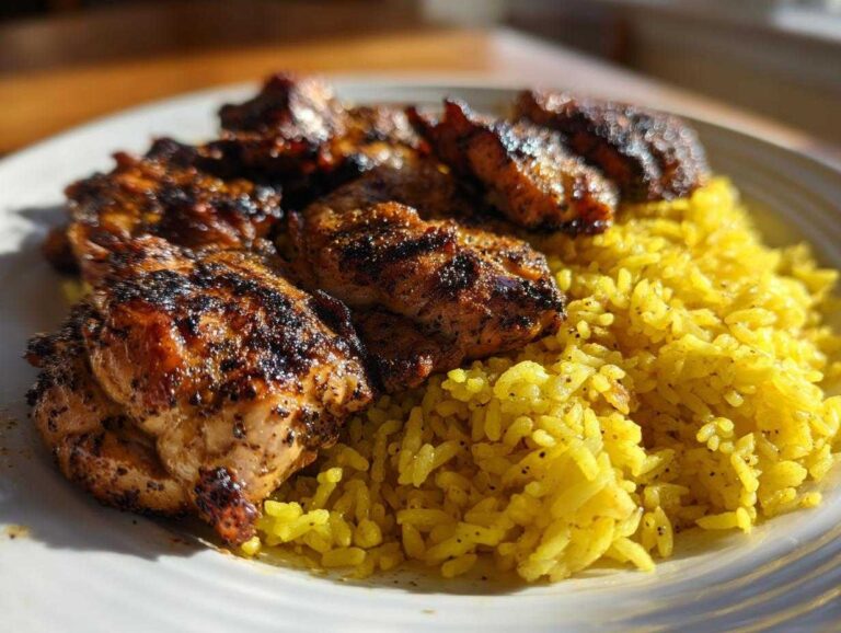 Close-up of grilled Trader Joe’s Chicken Shawarma pieces served over vibrant yellow lemon rice on a white plate.