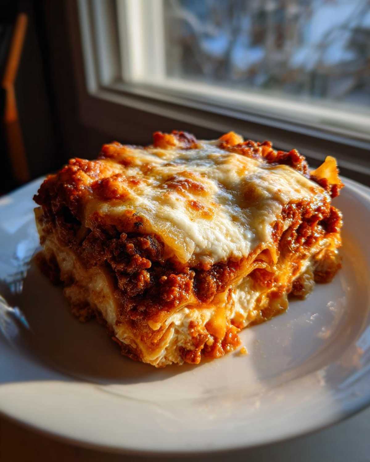 A square serving of Viral No-Fold Dumpling Lasagna, layered with meat sauce and topped with bubbly, melted mozzarella cheese.
