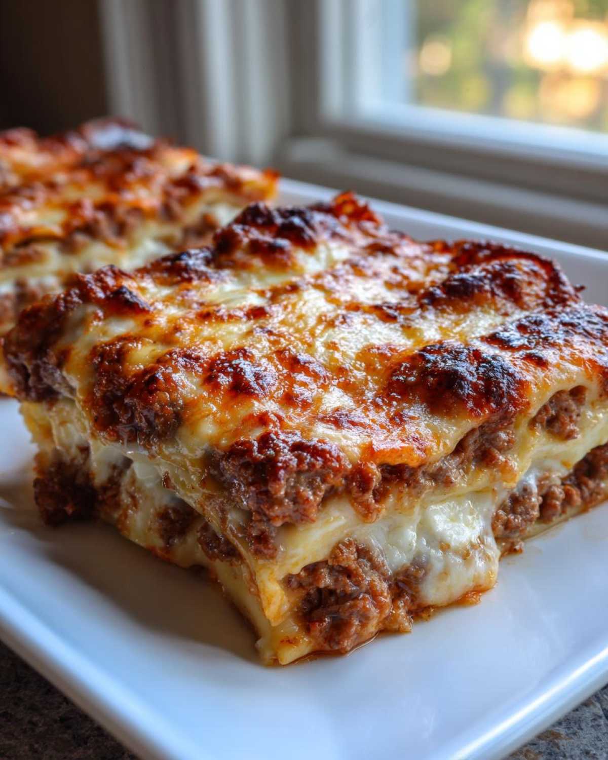Close-up of a square serving of Viral No-Fold Dumpling Lasagna showing layers of meat sauce and melted cheese.