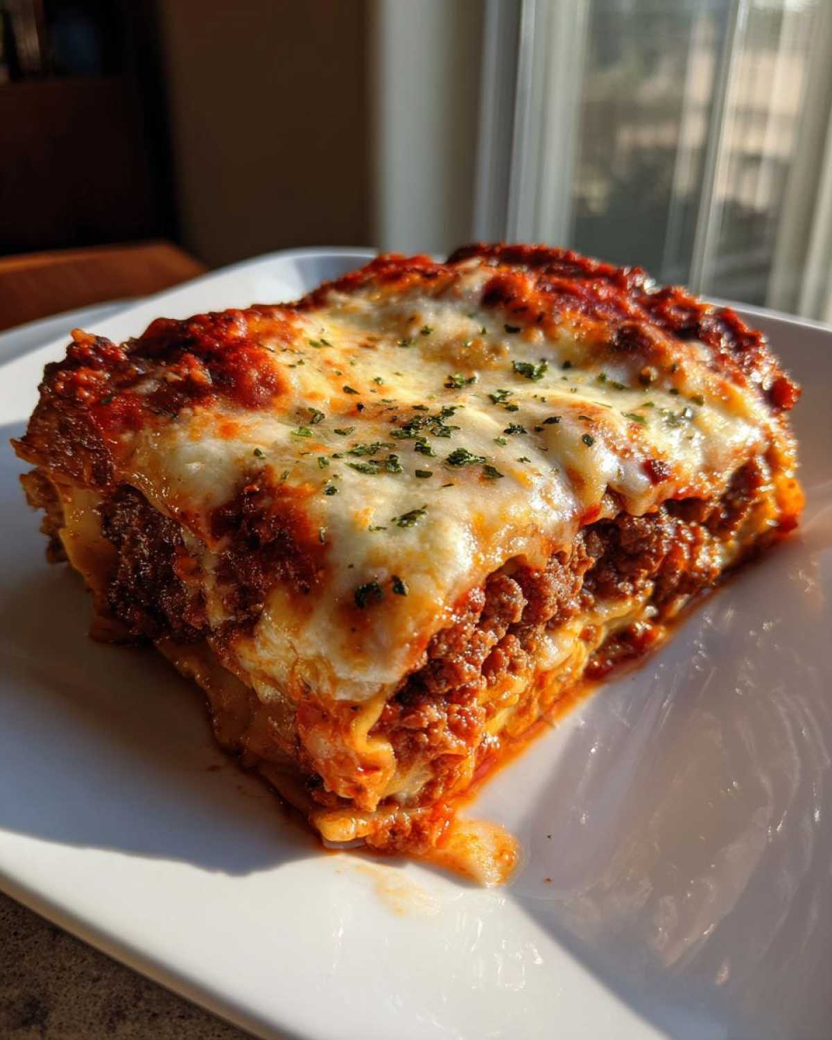 A generous slice of Viral No-Fold Dumpling Lasagna, layered with meat sauce and topped with melted mozzarella and herbs.