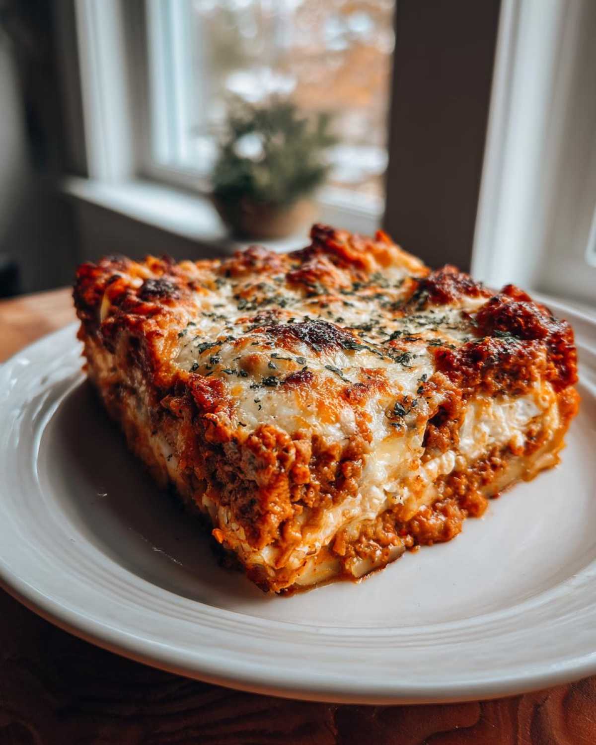 A thick, cheesy slice of Viral No-Fold Dumpling Lasagna served on a white plate.
